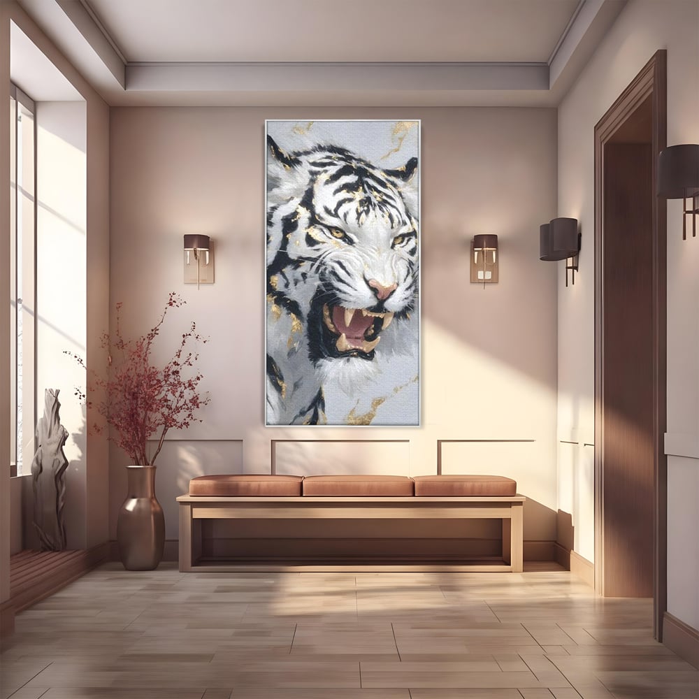 Tablou canvas cu tablou canvas cu tigru alb si auriu, in rama de aluminiu argintiu